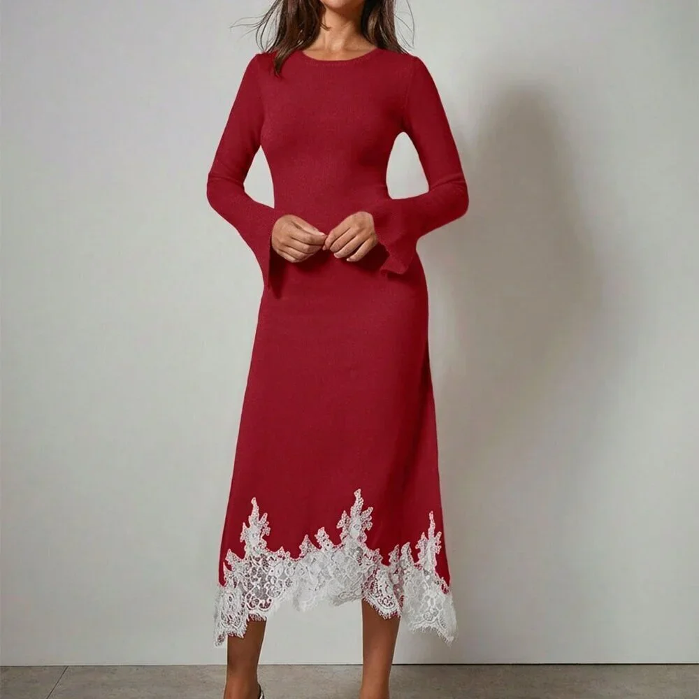 Burgundy Elegant Women's Asymmetrical Flare Sleeve lace detailed Sweater Dress